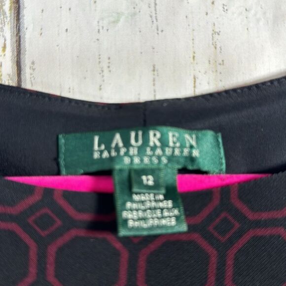 Lauren Ralph Lauren Knot Ruffle Ruched Black Burgundy 3/4 Sleeves Midi Dress - Picture 5 of 15